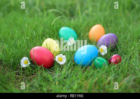 Eight hen colored eggs and two quail colored eggs in a grass - Easter hunt Stock Photo