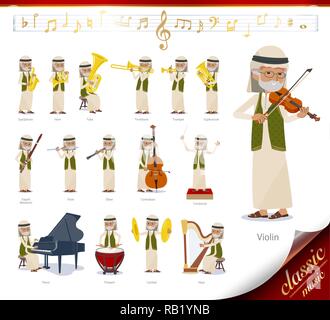 A set of Arabian old man on classical music performances.There are actions to play various instruments such as string instruments and wind instruments Stock Vector