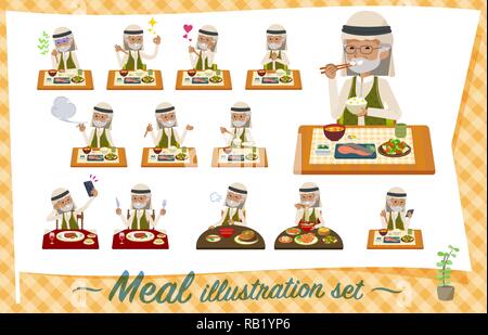 A set of Arabian old man about meals.Japanese and Chinese cuisine, Western style dishes and so on.It's vector art so it's easy to edit. Stock Vector