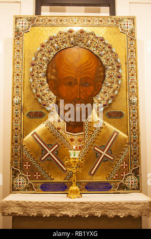 Saint Nicholas, orthodox icon beautiful painting in the church, pilgrimage destination for Roman Catholics and Orthodox Christians from Eastern Europe Stock Photo