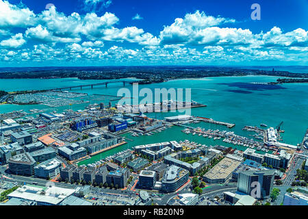 Auckland bridge and harbour view from observation deck on a sunny day Stock Photo