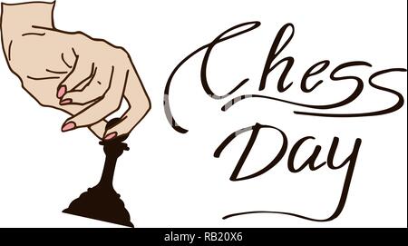 International Chess Day background. A woman's hand holds chess. Vector illustration Stock Vector