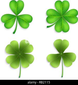 Collection of four-leaf clovers. Clover leaves set - quarterfoil and trefoil. Vector set of green clover leaves for design. Stock Vector