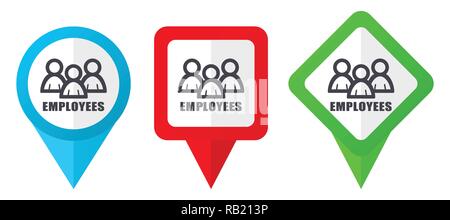 Employees red, blue and green vector pointers icons. Set of colorful location markers isolated on white background easy to edit in eps 10 Stock Vector