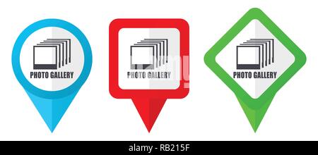Photo gallery red, blue and green vector pointers icons. Set of colorful location markers isolated on white background easy to edit in eps 10 Stock Vector