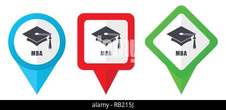 Mba red, blue and green vector pointers icons. Set of colorful location markers isolated on white background easy to edit in eps 10 Stock Vector