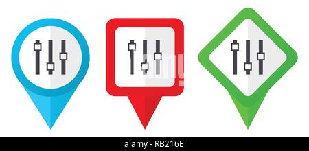 Slider red, blue and green vector pointers icons. Set of colorful location markers isolated on white background easy to edit in eps 10 Stock Vector