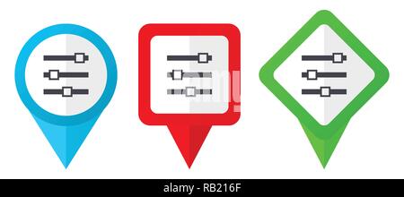 Slider red, blue and green vector pointers icons. Set of colorful location markers isolated on white background easy to edit in eps 10 Stock Vector