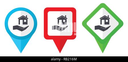 House care red, blue and green vector pointers icons. Set of colorful location markers isolated on white background easy to edit in eps 10 Stock Vector