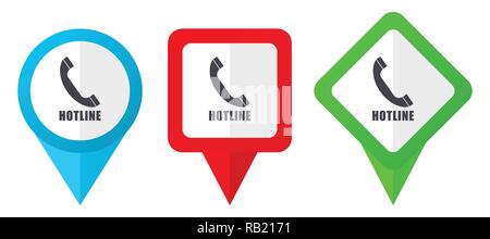 Hotline red, blue and green vector pointers icons. Set of colorful location markers isolated on white background easy to edit in eps 10 Stock Vector