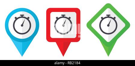 stopwatch red, blue and green vector pointers icons. Set of colorful location markers isolated on white background easy to edit in eps 10 Stock Vector