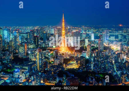 Tokyo tower night time, wide angle view, Japan. Stock Photo