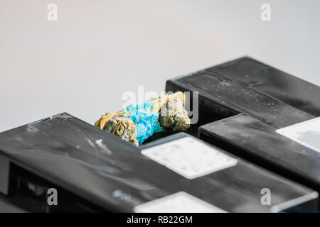 Old battery corrosion, seal lead acid battery damage. Stock Photo
