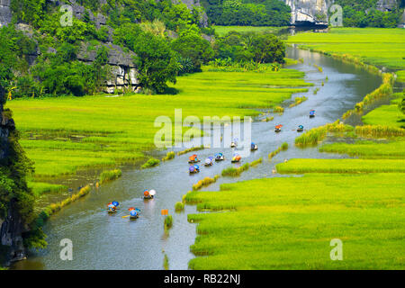 Tourist ride boat for travel sight seeing Rice field on river 'Ngo Dong' at TamCoc, Ninhbinh, Vietnam; Stock Photo