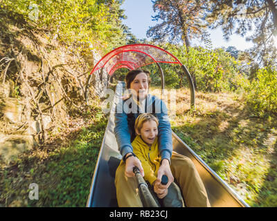 Dad and son have fun on alpine roller coaster Stock Photo