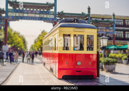 Chinese retro tram in the center of Beijing Stock Photo