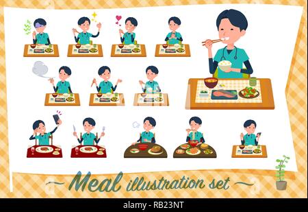 A set of Doctor man about meals.Japanese and Chinese cuisine, Western style dishes and so on.It's vector art so it's easy to edit. Stock Vector