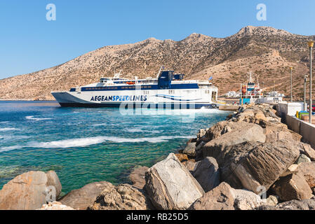 SIFNOS, GREECE - September 10, 2018: Speed Runner III ferry boat arrived at port of Kamaresi town in Sifnos Greece.