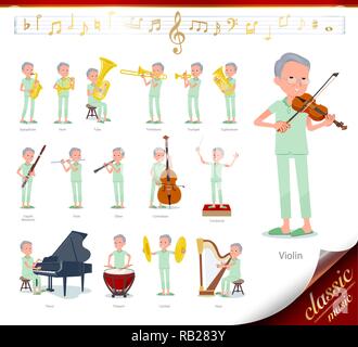 A set of patient old man on classical music performances.There are actions to play various instruments such as string instruments and wind instruments Stock Vector