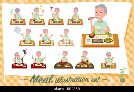 A set of patient old man about meals.Japanese and Chinese cuisine, Western style dishes and so on.It's vector art so it's easy to edit. Stock Vector
