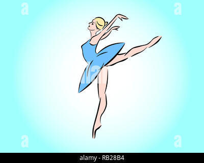 Isolated on a turquoise background is a dancing ballerina in a blue dress. Stock Photo