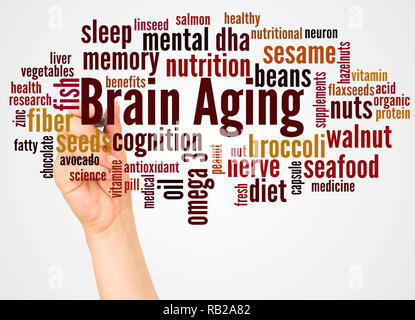 Brain Aging word cloud and hand with marker concept on white background. Stock Photo