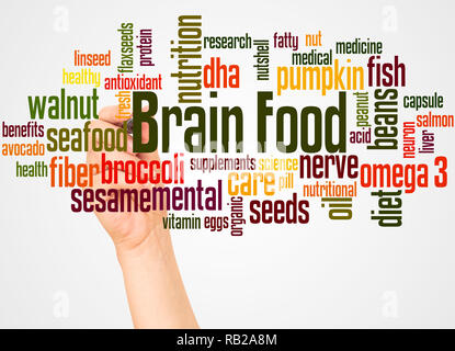 Brain Food word cloud and hand with marker concept on white background. Stock Photo