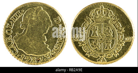 Ancient Spanish gold coin of King Carlos III. With a value of medio escudo and minted in Madrid. 1787. Stock Photo