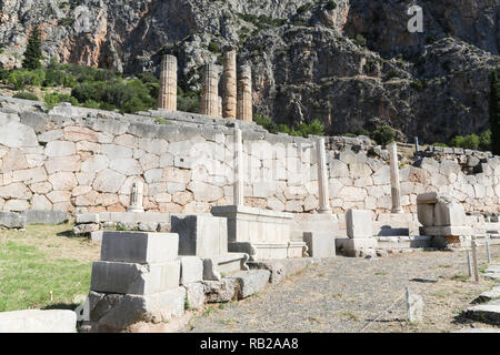 The ruins in Delphi, an archaeological site in Greece at the Mount Parnassus. Delphi is famous by the oracle at the sanctuary dedicated to Apollo. UNE Stock Photo