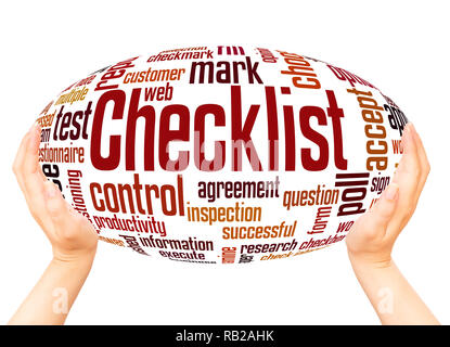 Checklist word cloud hand sphere concept on white background. Stock Photo