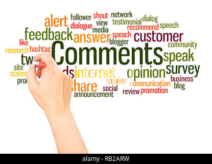 Comments word cloud hand writing concept on white background. Stock Photo