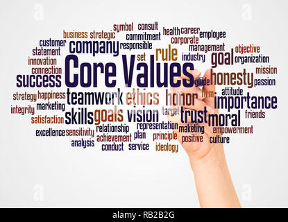 Core values word cloud and hand with marker concept on white background. Stock Photo