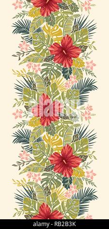Retro Bold colorful Exotic Foliage and Hibiscus Flowers Vertical Vector Seamless Border. Vintage Lush Tropical Palm Leaves, Monstera and Blooms. Perfe Stock Vector