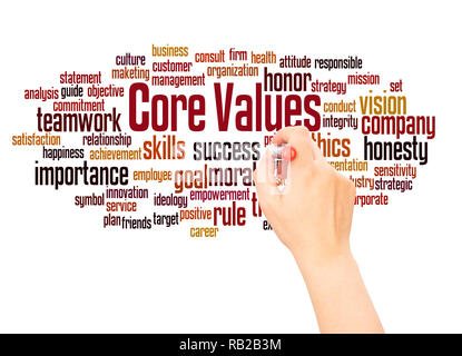 Core values word cloud hand writing concept on white background. Stock Photo