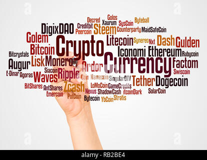 Crypto Currency word cloud and hand with marker concept on white background. Stock Photo
