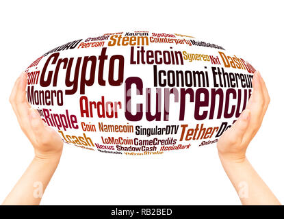 Crypto Currency word cloud hand sphere concept on white background. Stock Photo