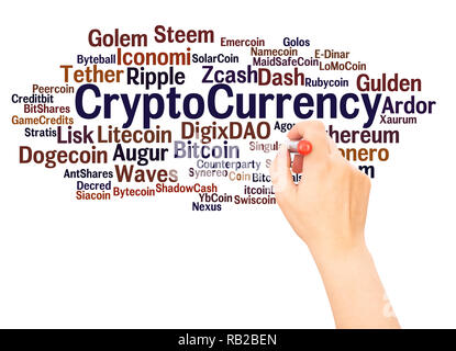 CryptoCurrency word cloud hand writing concept on white background. Stock Photo
