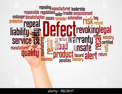 Defect word cloud and hand with marker concept on white background. Stock Photo