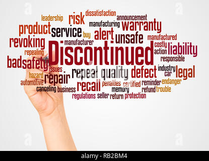 Discontinued word cloud and hand with marker concept on white background. Stock Photo