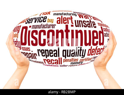 Discontinued word cloud hand sphere concept on white background. Stock Photo