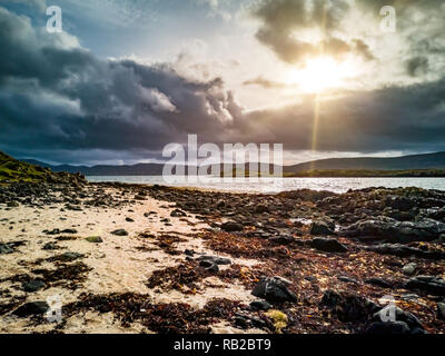 Dramatic sky at coral beach on the Isle of Skye island in Scotland - United Kingdom Stock Photo