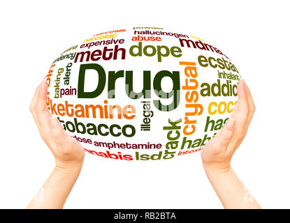 Drug names word cloud hand sphere concept on white background. Stock Photo