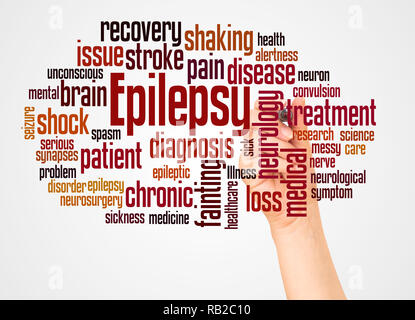 Epilepsy word cloud and hand with marker concept on white background. Stock Photo