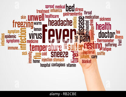 Fever word cloud and hand with marker concept on white background. Stock Photo