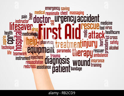 First aid word cloud and hand with marker concept on white background. Stock Photo
