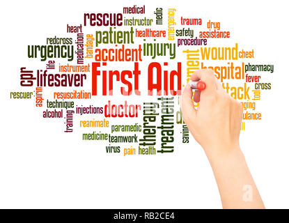 First aid word cloud hand writing concept on white background. Stock Photo