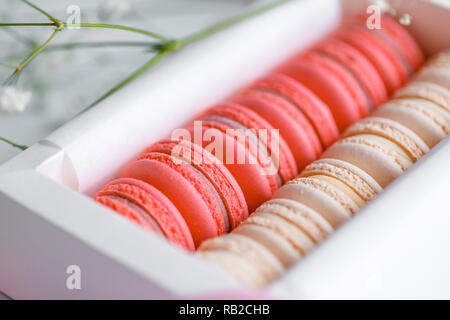 Coral and beige cakes macarons or macaroons in a white gift box. The concept of Valentines day and spring's celebrating. Stock Photo