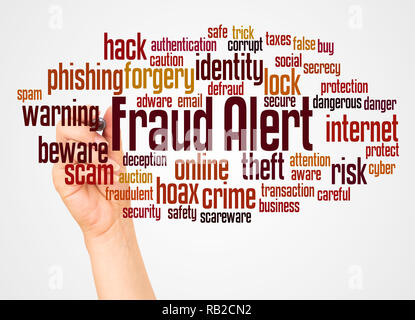 Fraud alert word cloud and hand with marker concept on white background. Stock Photo