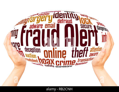Fraud alert word cloud hand sphere concept on white background. Stock Photo