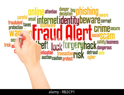 Fraud alert word cloud hand writing concept on white background. Stock Photo